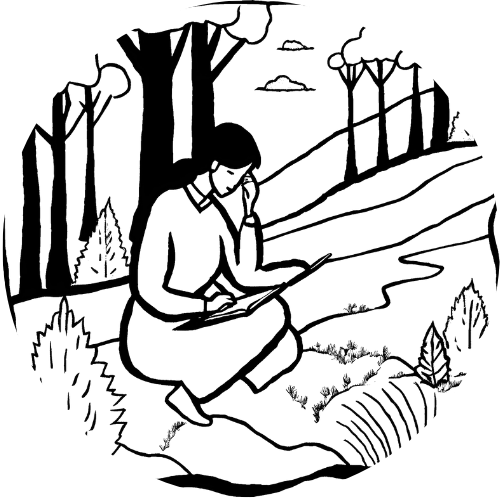 Workbooks and Self-Guided Activities A person sitting in nature who appears to be thinking and writing in a book